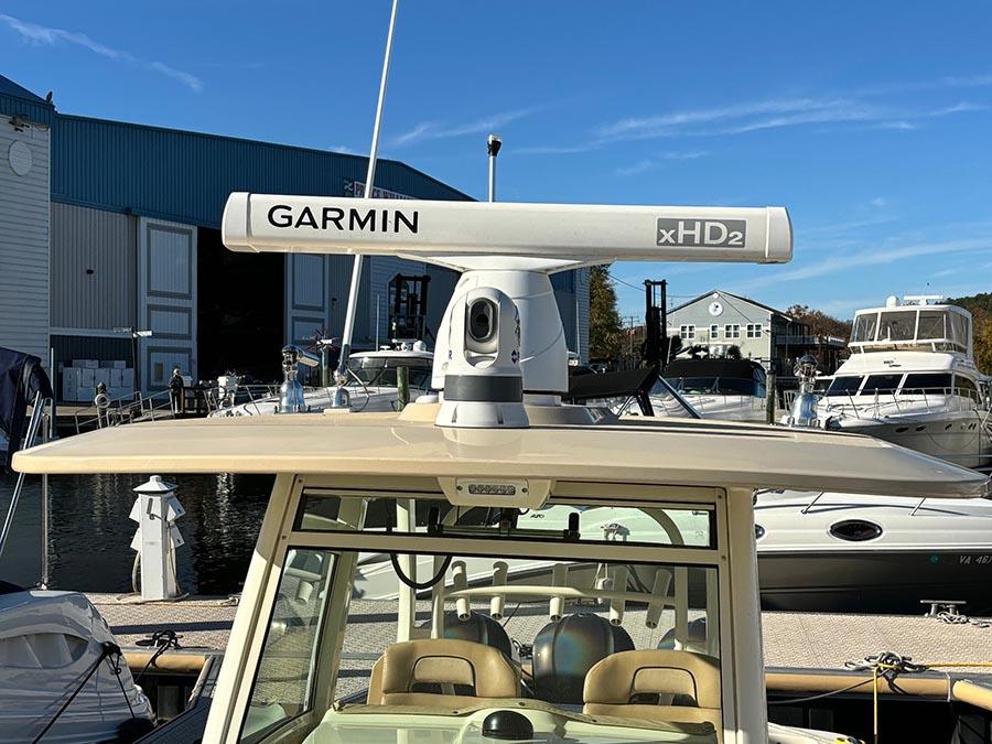 Garmin xHD2 open-array radar and FLIR camera mounted on the hardtop